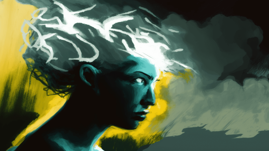 AI Artwork of a portrait of a green woman with lightning bolts in her hair